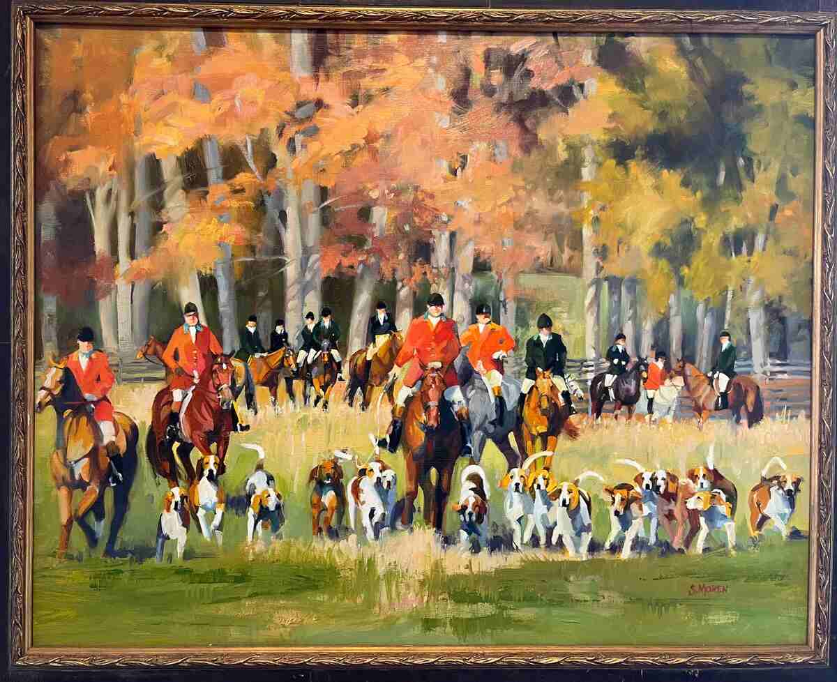 Painting of hunt field in the fall, with formal hunt attire and hounds