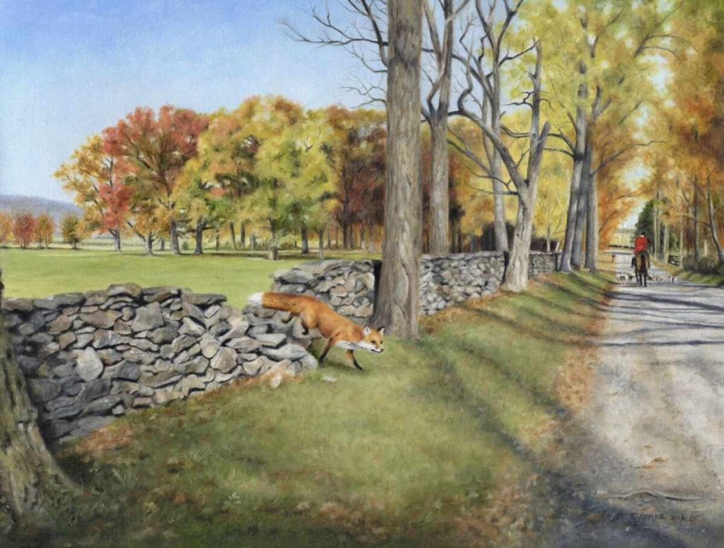 Painting of fox jumping stone wall