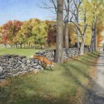 Painting of fox jumping stone wall