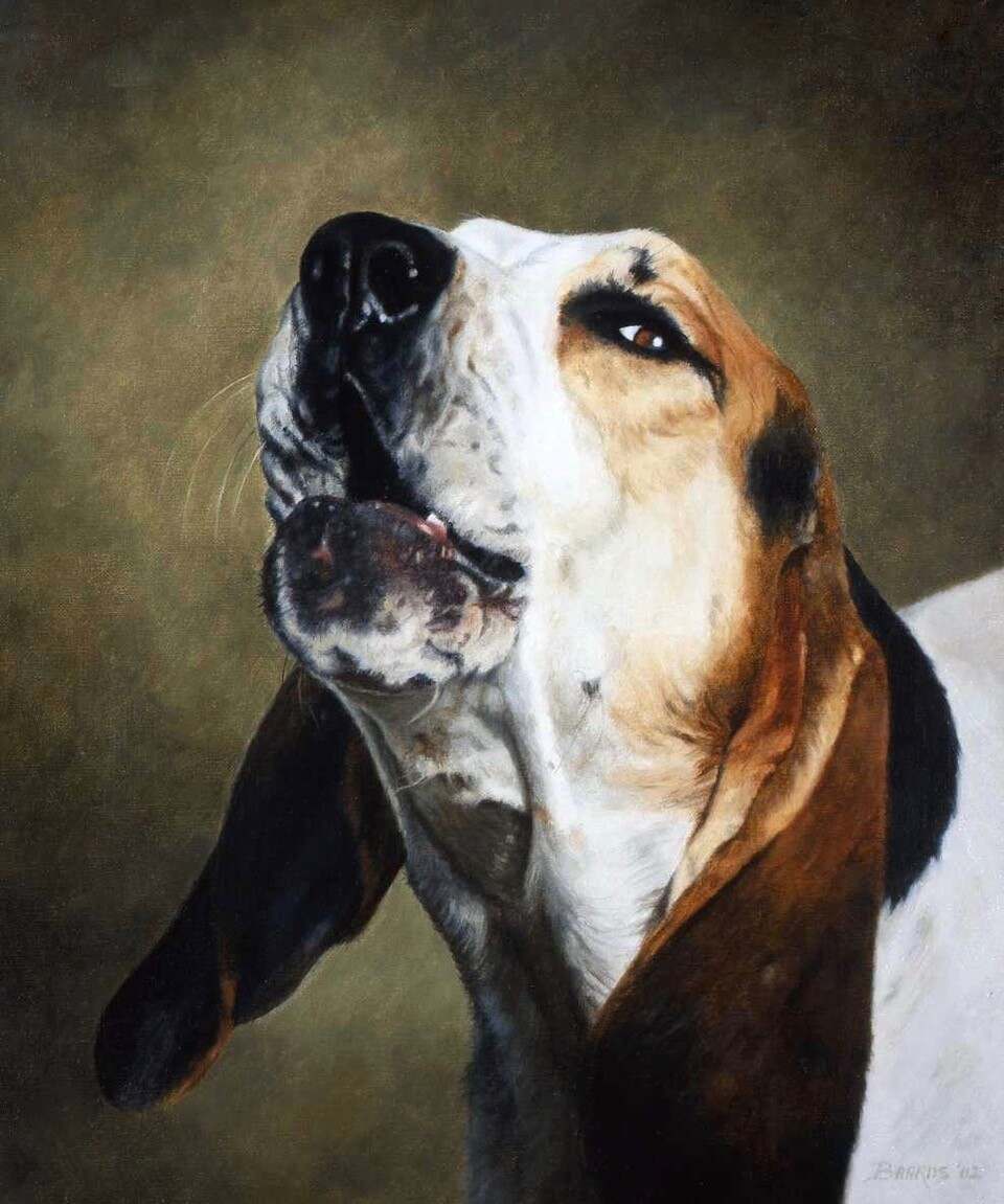 Painting of hound baying.