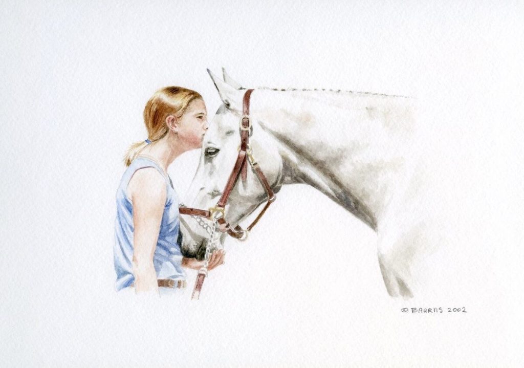 Painting of girl with grey horse,