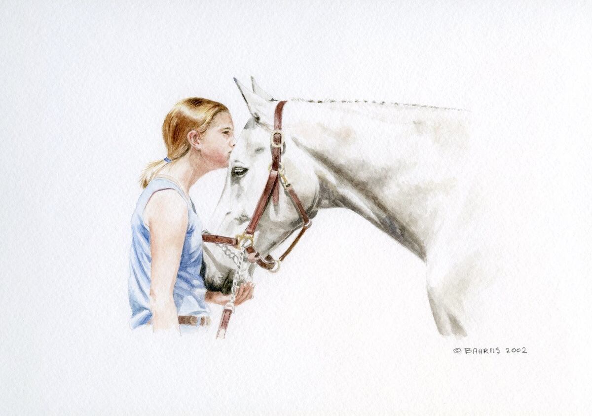 Painting of girl with grey horse,