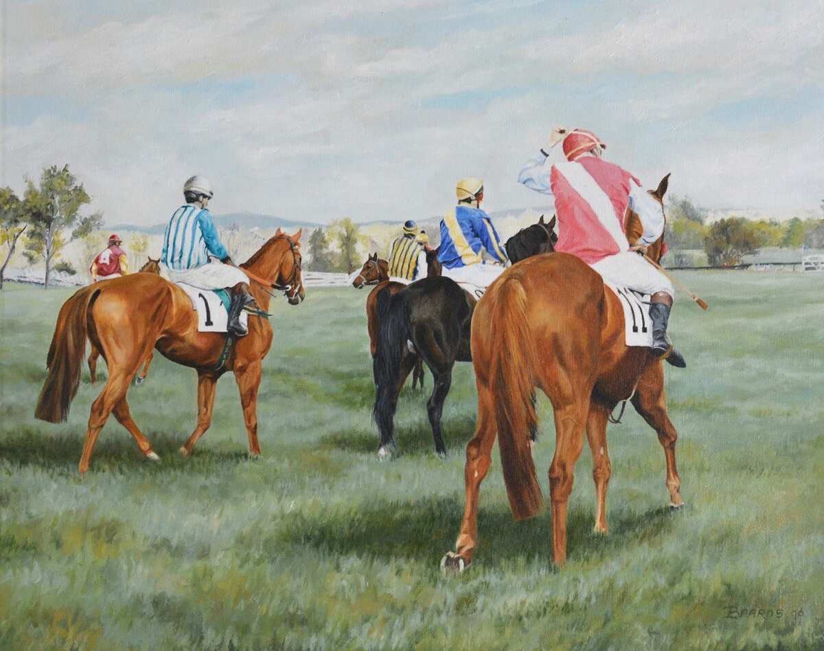 Painting of three horses and jockeys walking in field.