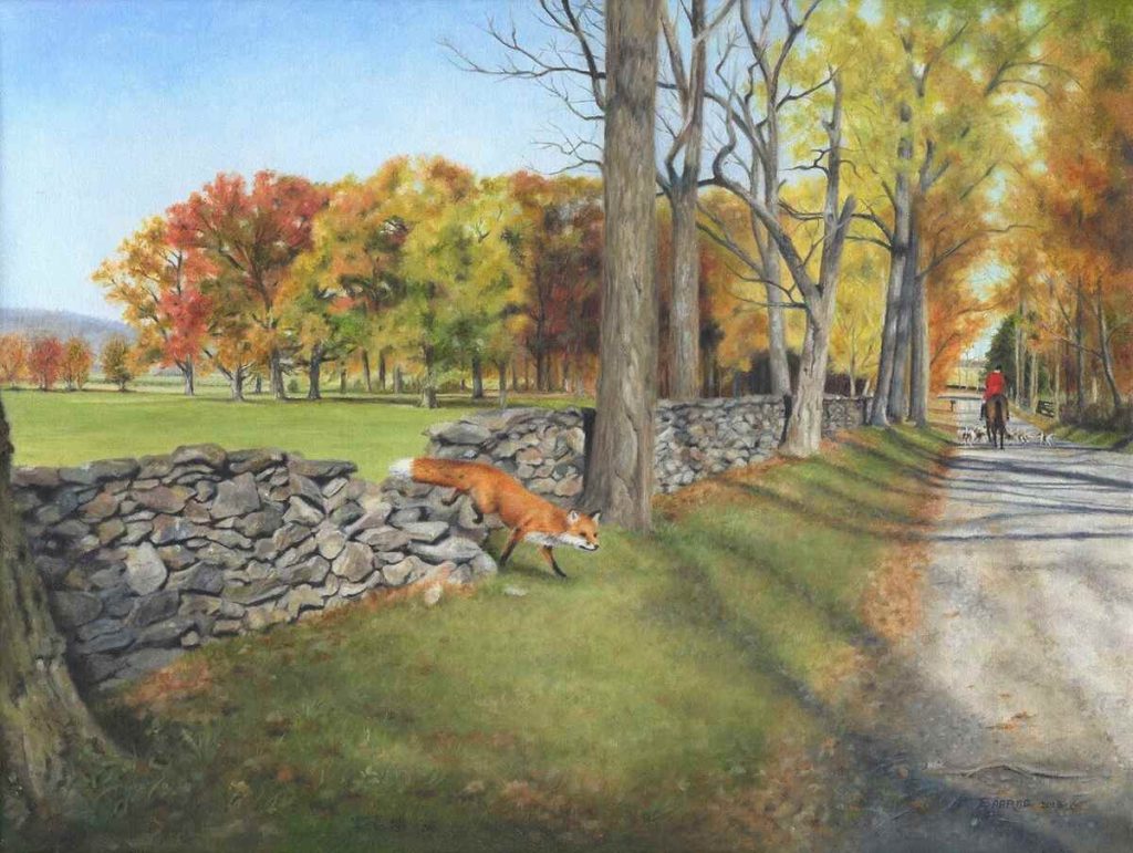 Painting of fox jumping stone wall,