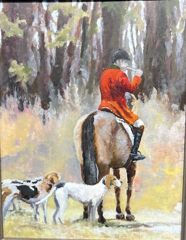 Huntsman with horn and two hounds