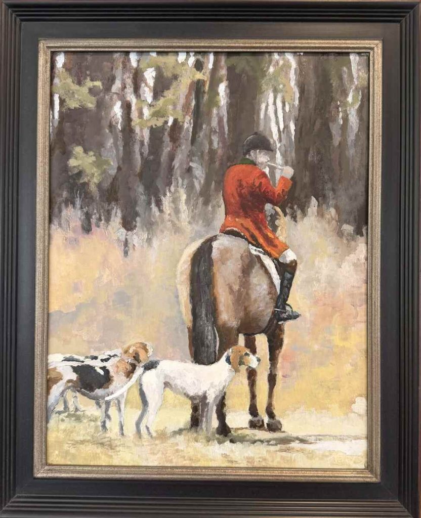 Huntsman with horn and two hounds