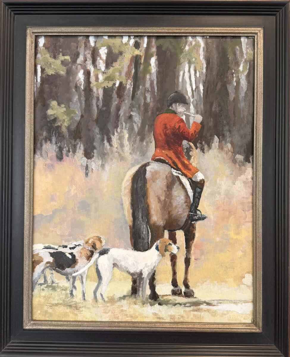 Huntsman with horn and two hounds