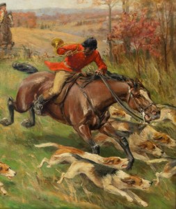 Painting of Huntsman galloping with hounds