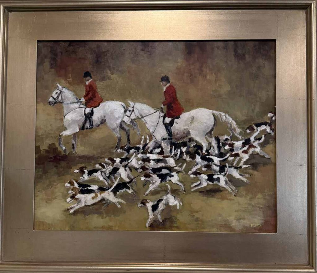 Two huntsmen on grey horses surrounded by pack of hounds.