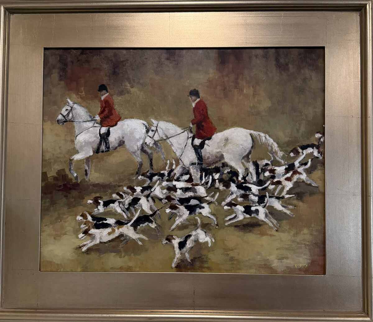 Two huntsmen on grey horses surrounded by pack of hounds.