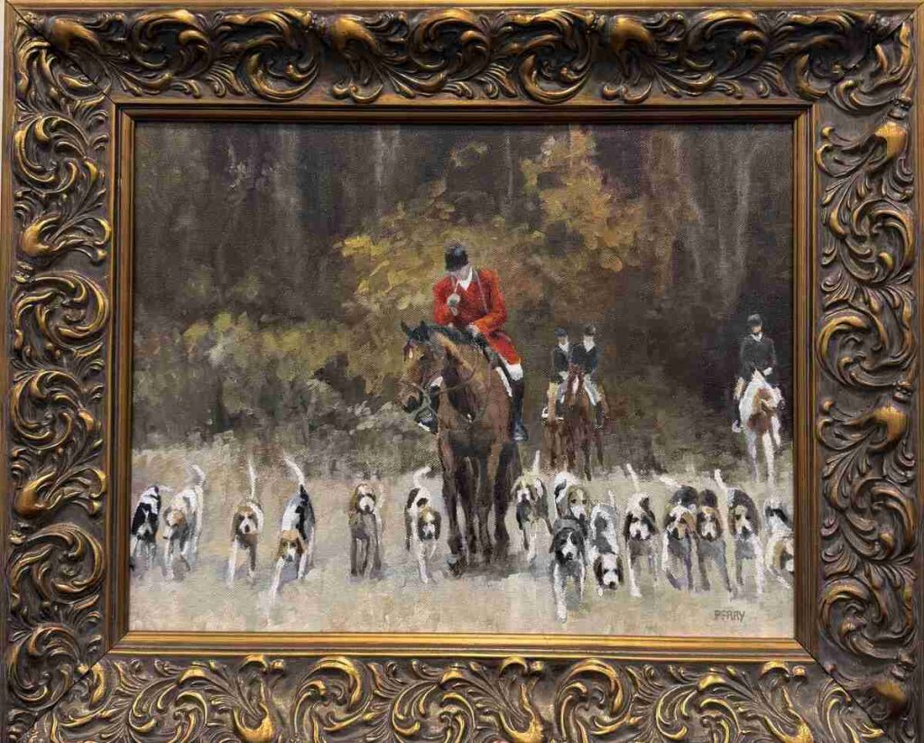 Huntsman walking horse and blowing horn, surrounded by hounds.