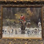 Huntsman walking horse and blowing horn, surrounded by hounds.