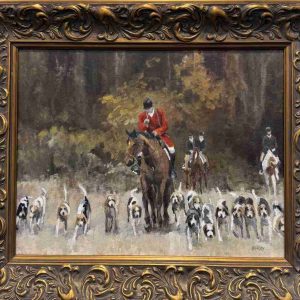 Huntsman walking horse and blowing horn, surrounded by hounds.