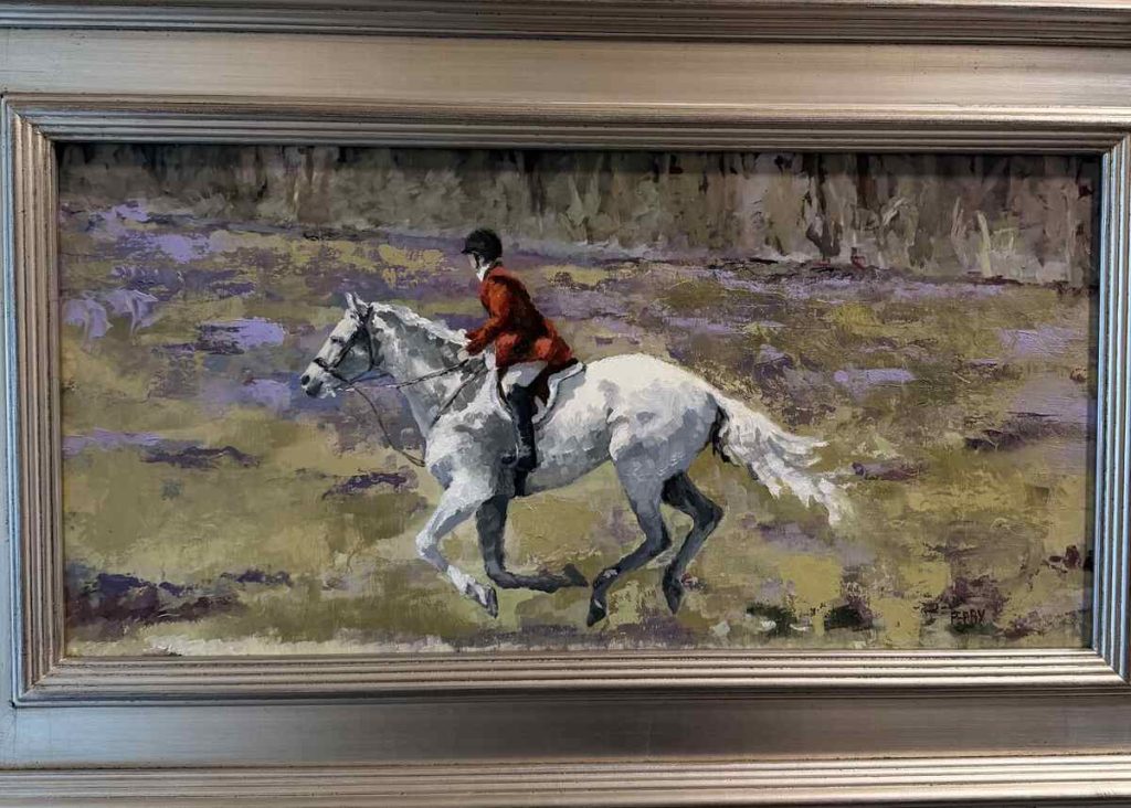 Hunt horse galloping across fields with purple flowers.