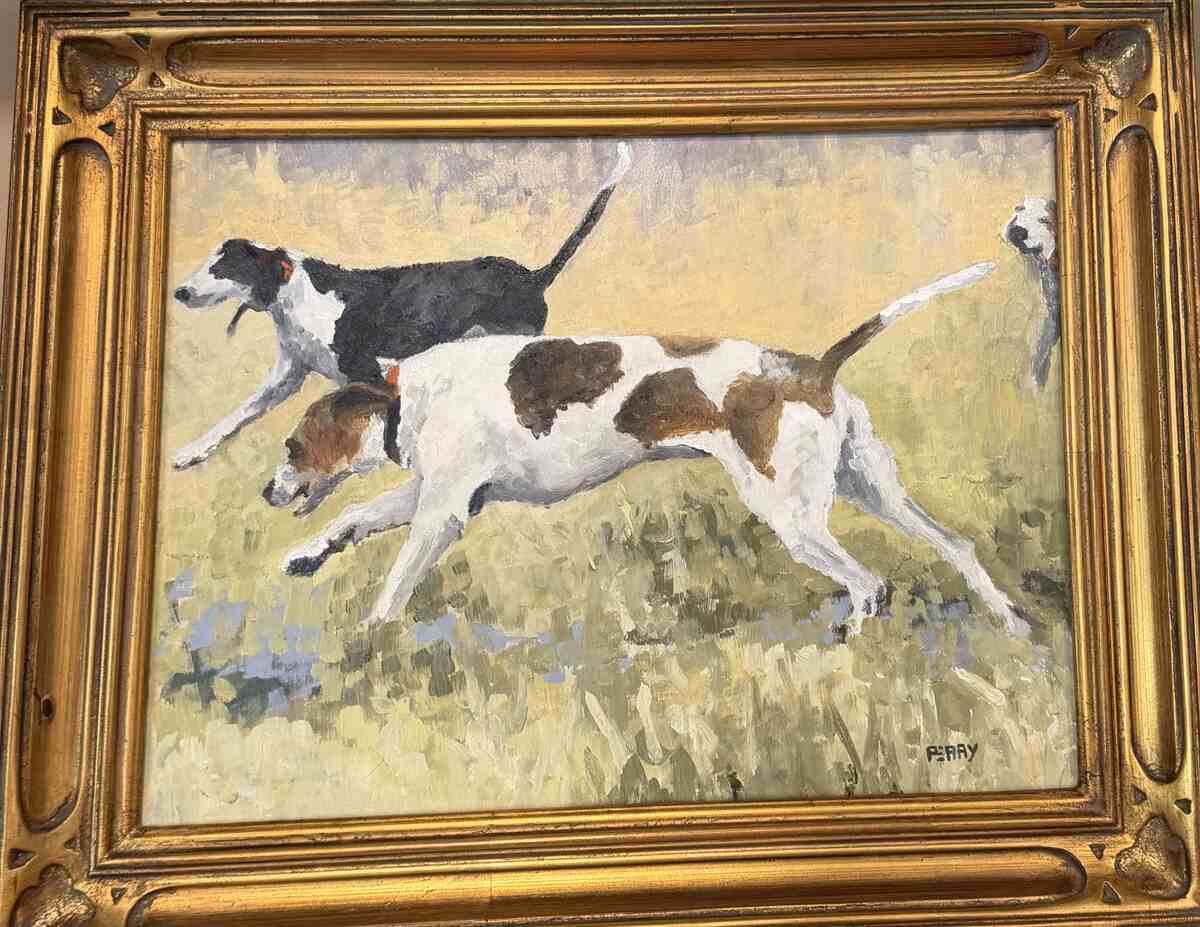 Two hounds running in field.