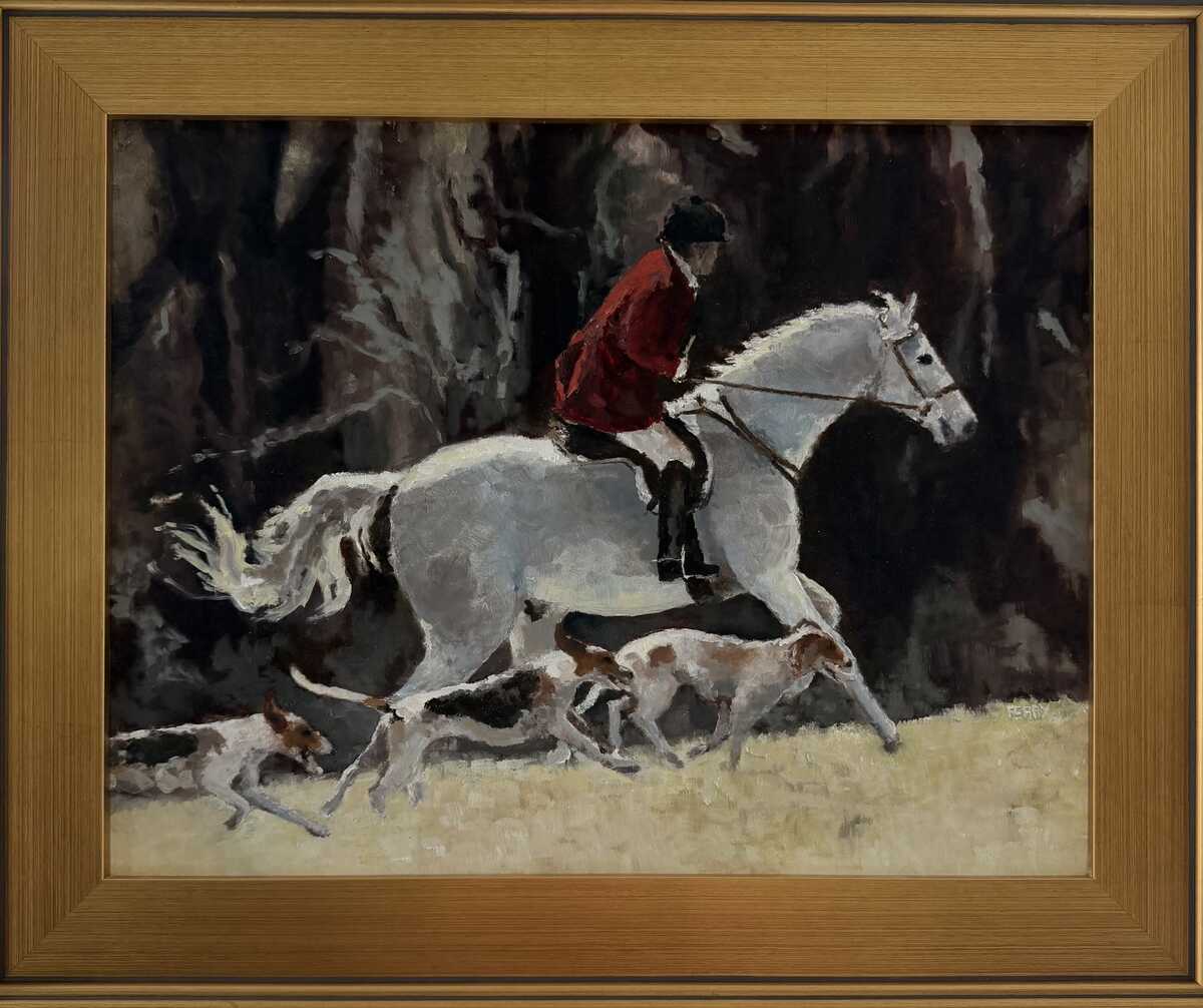 Foxhunter galloping horse with three hounds.